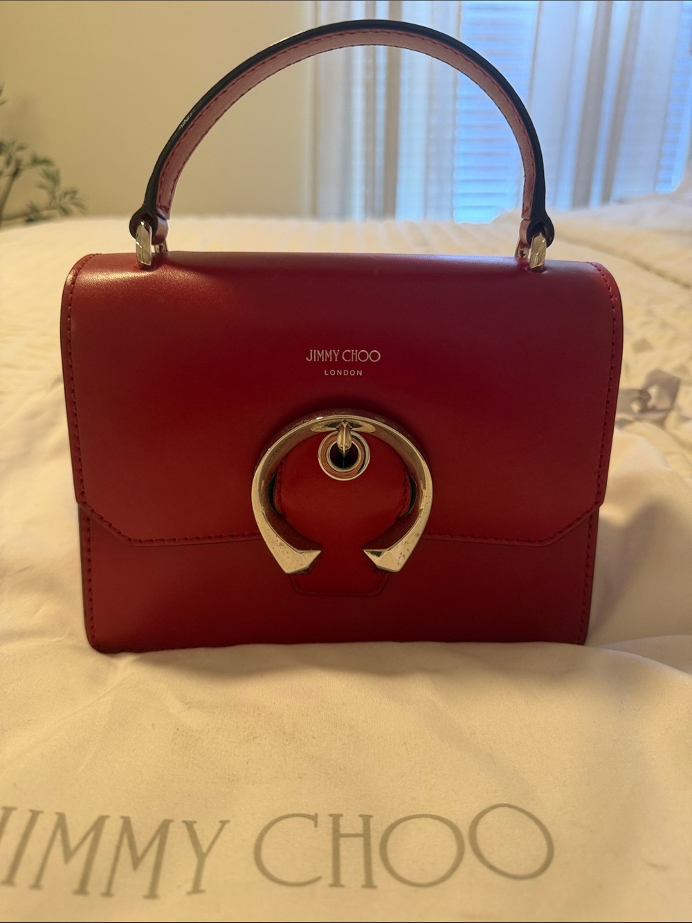 Jimmy Choo Red Leather Satchel with Silver-Tone Ring Detail